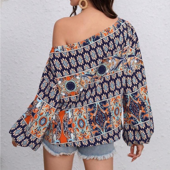 Boho floral print off shoulder lantern sleeve blouse - Picture 13 of 16